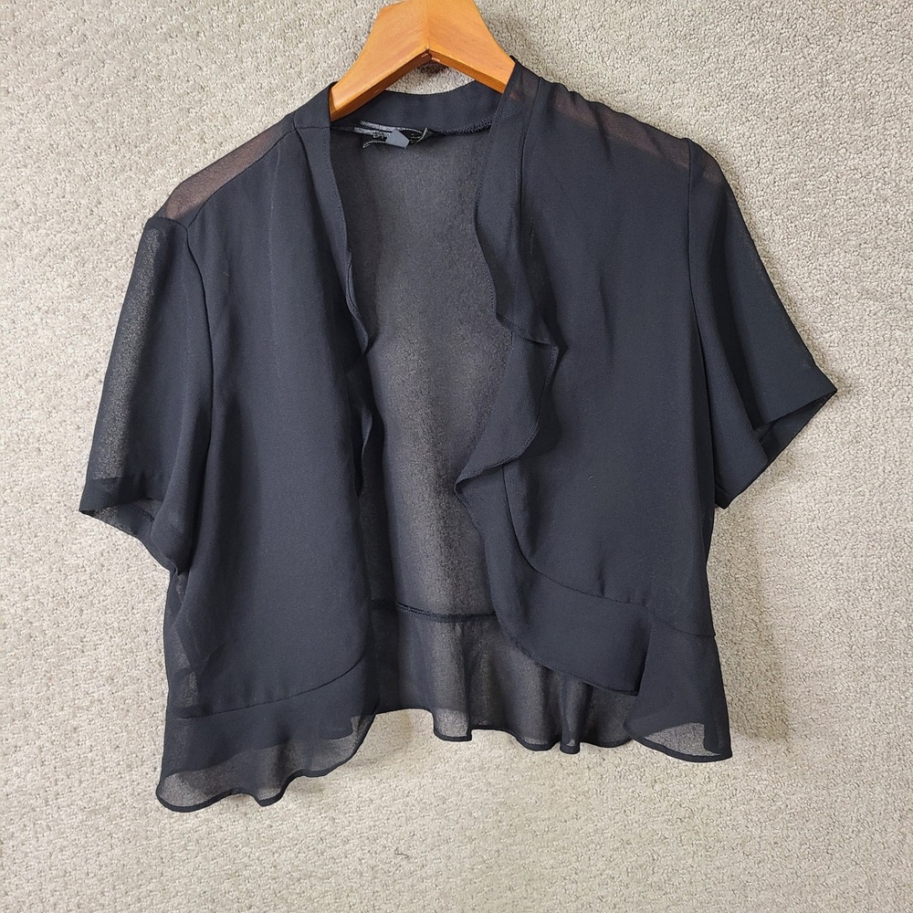 DN Design Shrug Womens 16 Black Ruffle Open Front Chiffon Polyester Sheer Casual